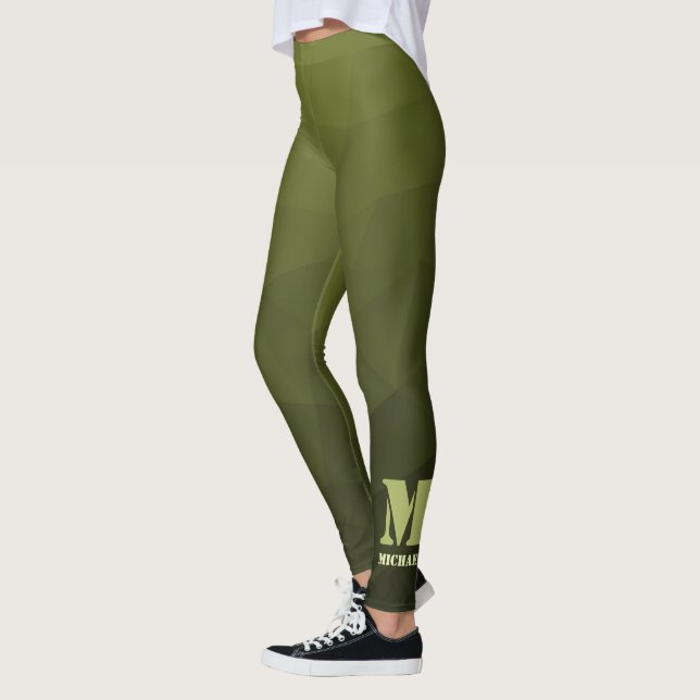 Armégrön oliv geometrisk mesh-mönster Monogram Leggings (Vänster)