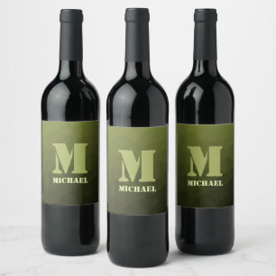 Armégrön oliv geometrisk mesh-mönster Monogram Vinflaska Etikett