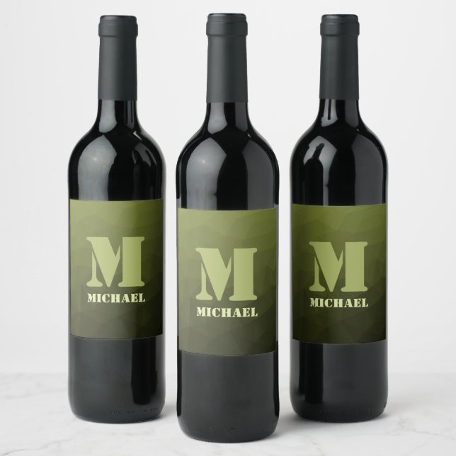 Armégrön oliv geometrisk mesh-mönster Monogram Vinflaska Etikett (Flaskor)