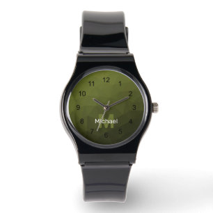 Armégrön olivgradering geometriskt nät Monogram Armbandsur