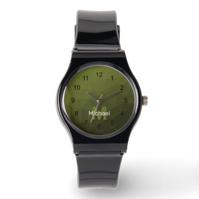 Armégrön olivgradering geometriskt nät Monogram Armbandsur (Framsida)