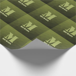 Armégrön olivgrön geometrisk nätmönster Monogram Presentpapper