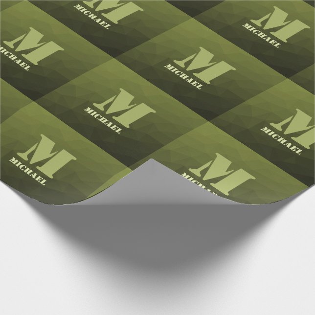 Armégrön olivgrön geometrisk nätmönster Monogram Presentpapper (Hörn)