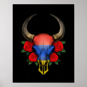 Armenian Flagga Bull Skull med Röd ros Poster