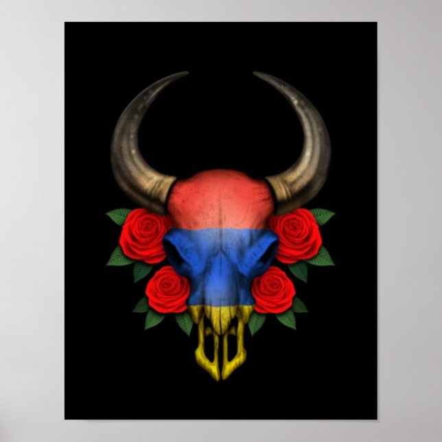 Armenian Flagga Bull Skull med Röd ros Poster (Framsidan)