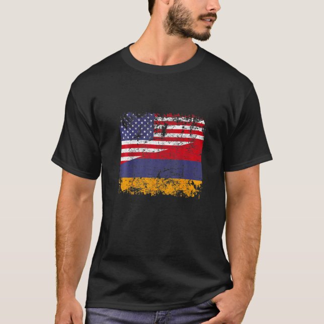 ARMENIAN ROOTS Half American Flag USA ARMENIA FLAG T Shirt (Framsida)