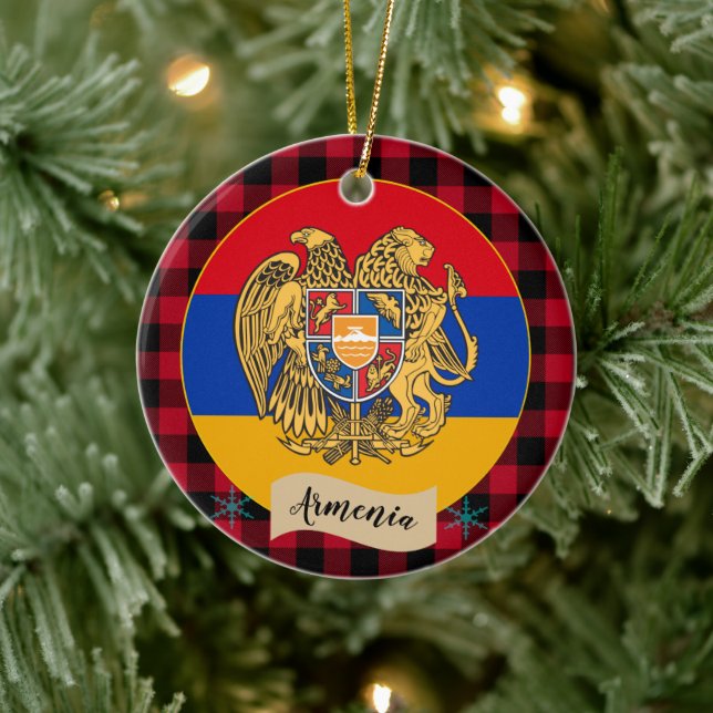 Armenien, Red buffalo plaid & Armenian Flagga Julgransprydnad Keramik (Träd)