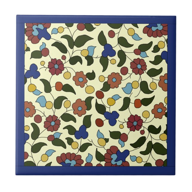 Armeniskt Blommönster - blått och Cream Kakelplatta (Framsidan)