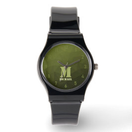 Arméns grönt, geometriskt nät mönster Monogram Armbandsur