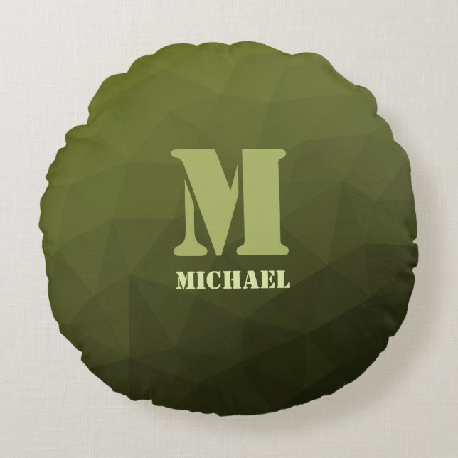Arméns grönt, geometriskt nät mönster Monogram Rund Kudde (Framsidan)