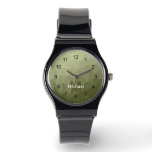 Arméns grönt, ljusgeometriskt nät mönster Monogram Armbandsur