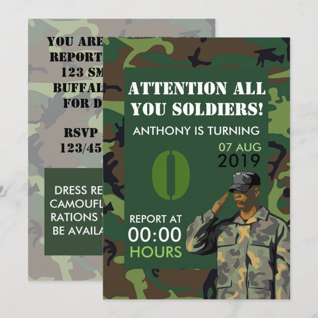 Armétema inbjudan för födelsedagsfest för alla åld (Fram/baksida)
