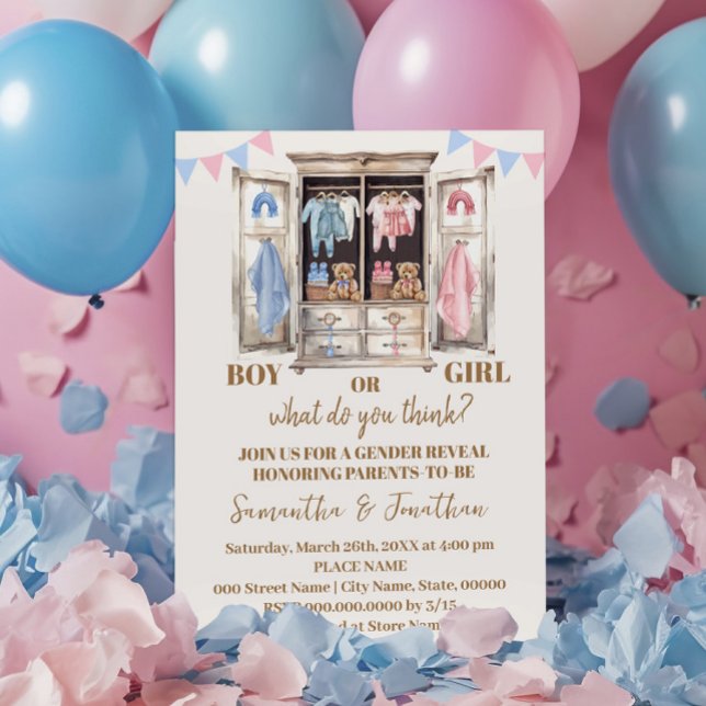 Armoire Closet Gender Reveal Boy eller Girl Reveal Inbjudningar (Skapare uppladdad)