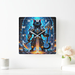 Armored Cat Warrior in a Mystical Setting Fyrkantig Klocka
