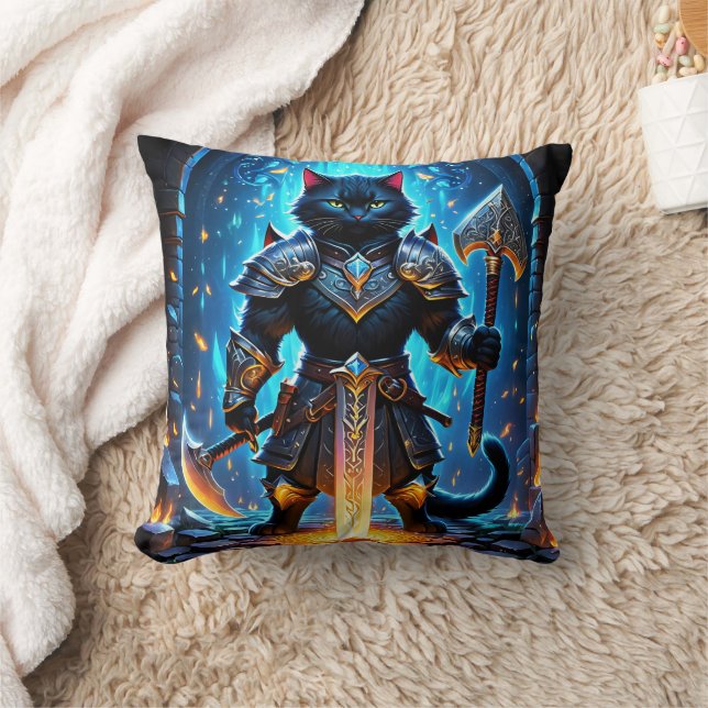 Armored Cat Warrior in a Mystical Setting Kudde (Filt)