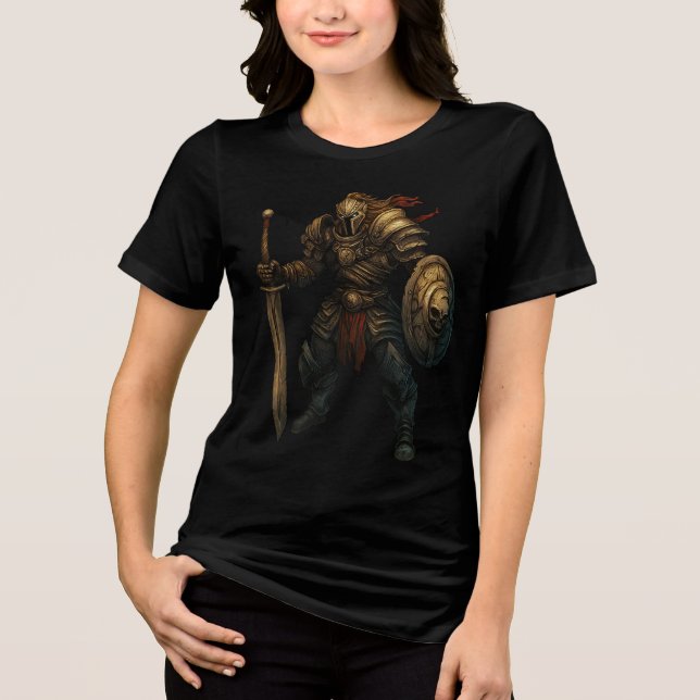 Armored Knight with Sword and Skull Shield T Shirt (Framsida)
