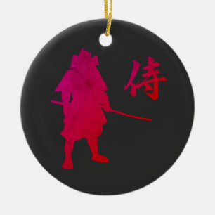 Armored Samurai Warrior med japansk calligrafi Julgransprydnad Keramik