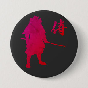 Armored Samurai Warrior med japansk calligrafi Knapp