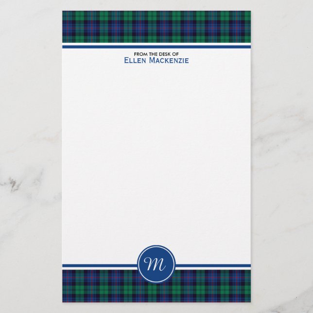 Armstrong Family Blue och Grönt Tartan Monogram Brevpapper (Framsida)