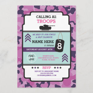 ARMY GIRL SOLDIER TROOP TANK INBJUDAN FÖDELSEDAGSF