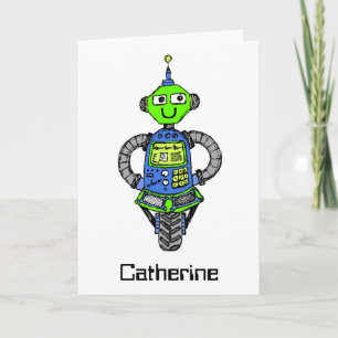 Arnie robot, blått och grönt kort