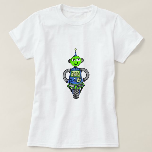 Arnie robot, blått och grönt t shirt (Design framsida)