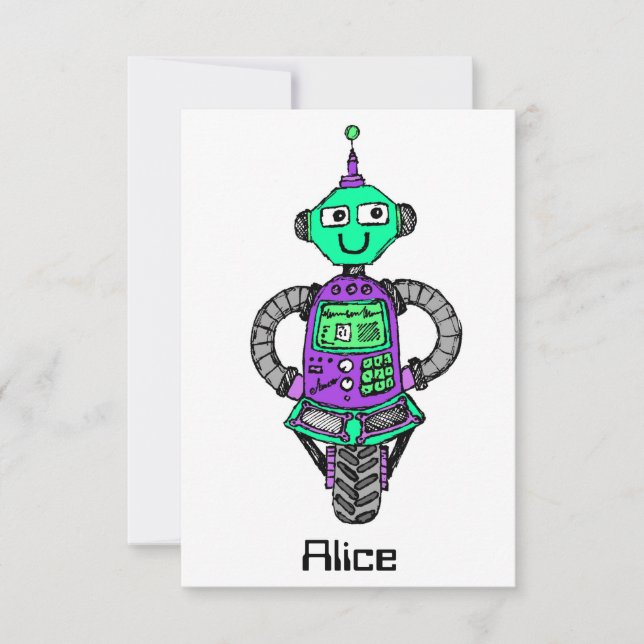 Arnie robot, lila och grönt inbjudningar (Framsida)