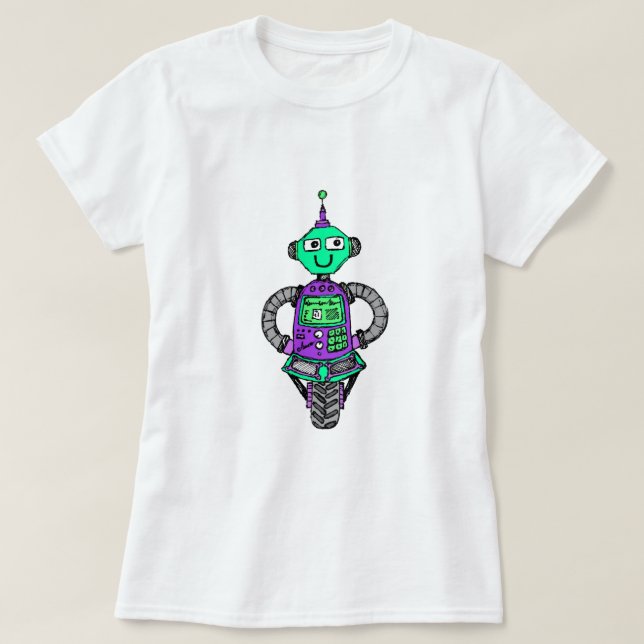 Arnie robot, lila och grönt tee shirt (Design framsida)