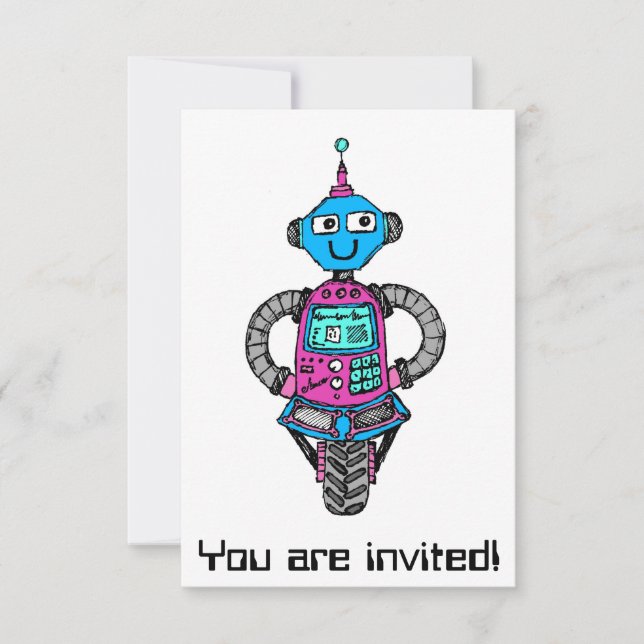 Arnie Robot: Rosa och blue Inbjudningar (Framsida)