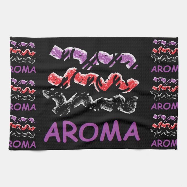 Aroma svart med rött och lila kökshandduk (Horisontell)