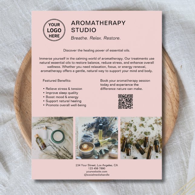 Aromaterapi Spa Logotyp QR Rosa Reklammaterial För Reklamblad (Aromatherapy Spa Logo QR Pink Promotional Business Flyer)