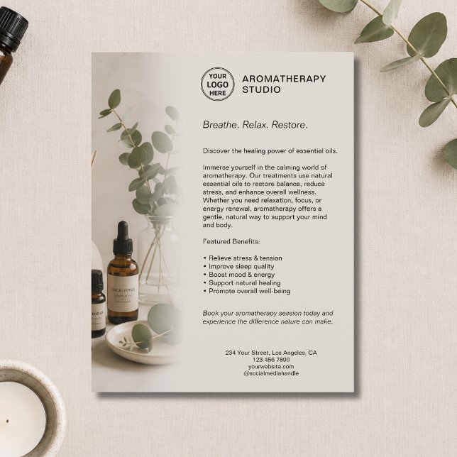 Aromaterapi Spa Verksamhet Beige Anpassad Logotyp  Reklamblad (Aromatherapy Spa Business Beige Custom Logo Flyer)