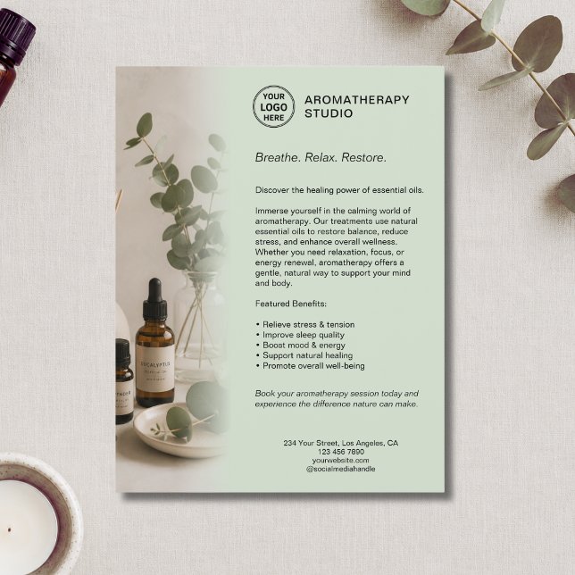 Aromaterapi Spa Verksamhet Sage Grön Anpassad Logo Reklamblad (Aromatherapy Spa Business Sage Green Custom Logo Flyer)