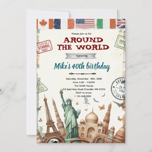 Around the World Birthday Invitation Inbjudningar (Framsida)