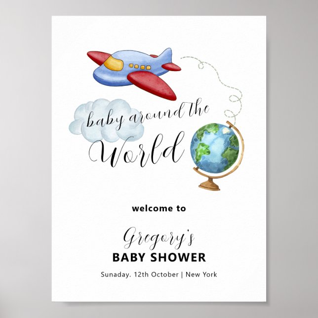 Around The World Map Airplane Baby Shower Welcome Poster (Framsidan)