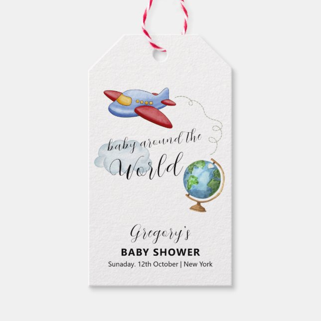Around The World Map Airplane Boy Baby Shower Presentetikett (Framsidan)