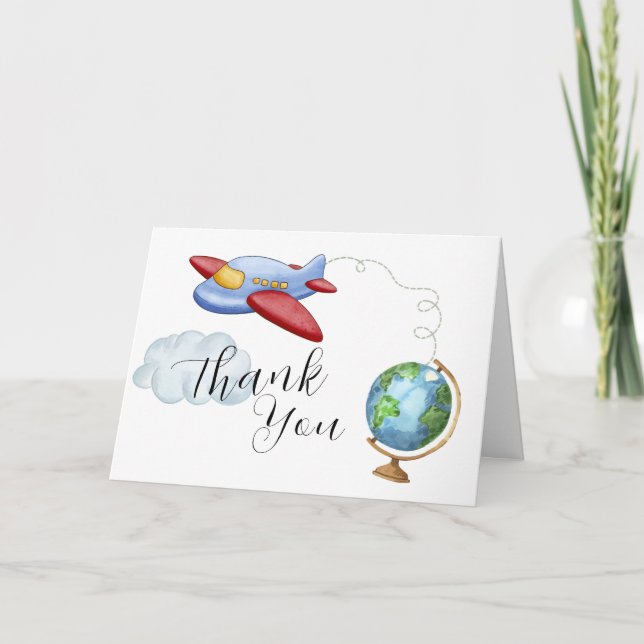 Around The World Map Airplane Boy Baby Shower Tack Kort (Framsida)
