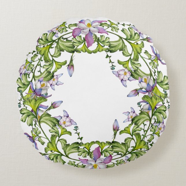 Arrangemang, fint känslig kolumbine-blomma rund kudde (Framsidan)
