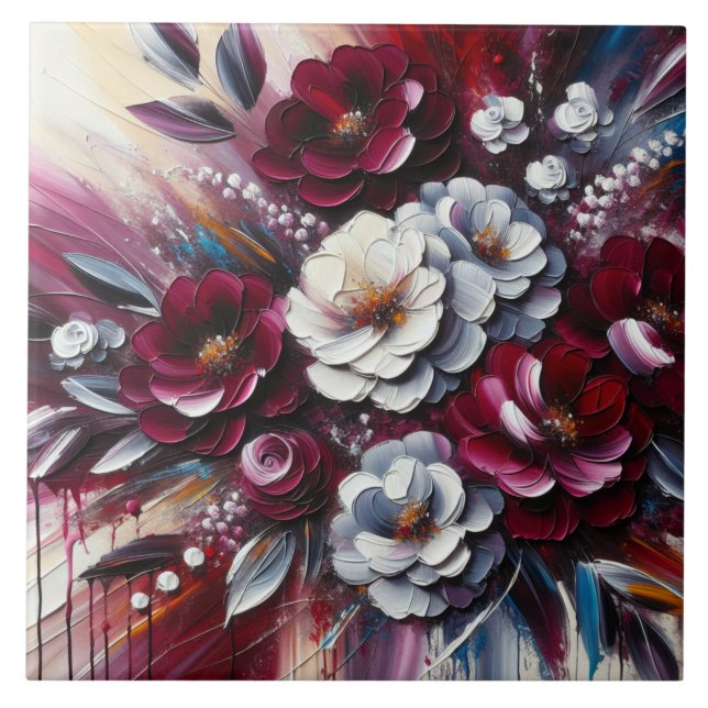 Arrangemang för maron och vit Blommigt | Kakelplatta (Framsidan)