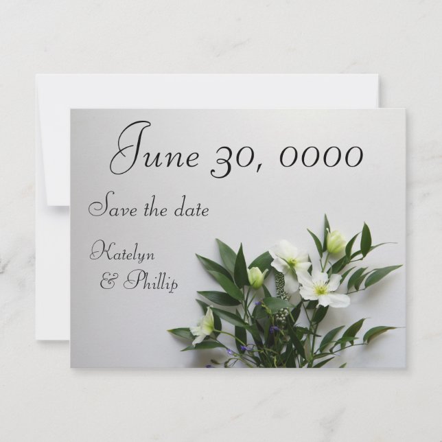 Arrangemang för vita clematis spara datumet (Framsida)