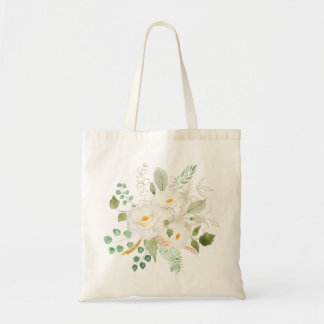arrangemanga vita kameliska blommor tygkasse