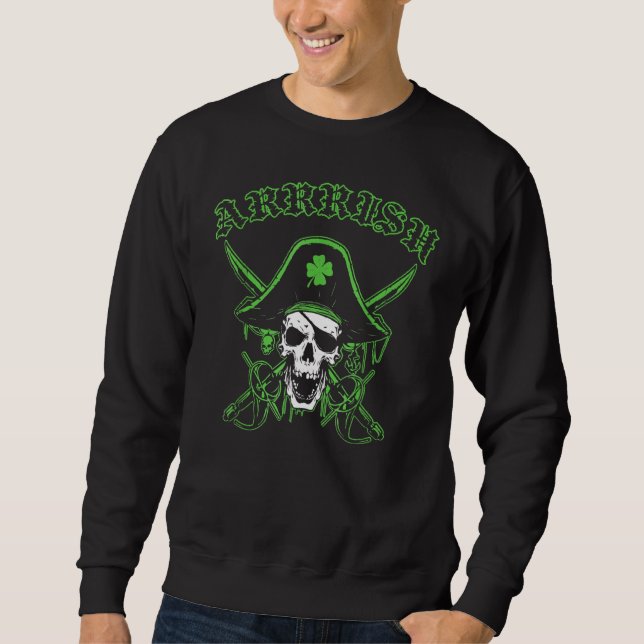 Arrish St patrick's day Irish Pirat Skull Shamro Lång Ärmad Tröja (Framsida)