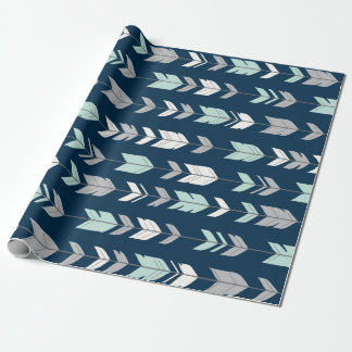 Arrow Feathers - mynta/grått on navy blue Gift Wra Presentpapper