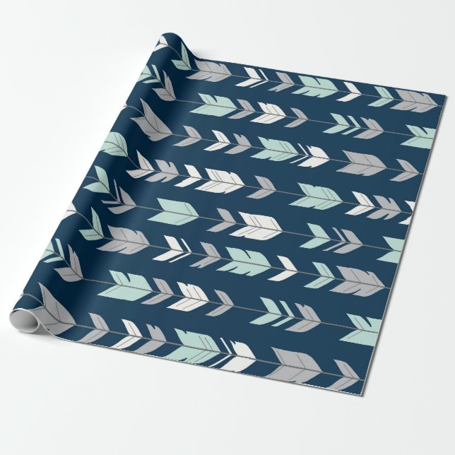 Arrow Feathers - mynta/grått on navy blue Gift Wra Presentpapper (Utrullad)