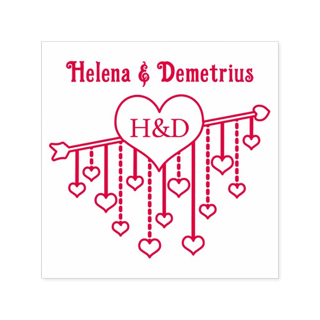 Arrow With Hanging Hearts Couple Names Initials Självfärgande Stämpel (Design)