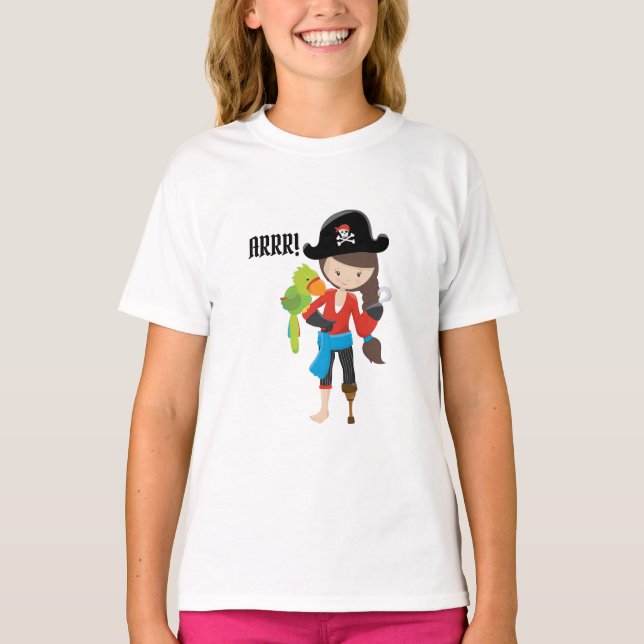 ARRR! Roligt Cute Pirat Girl Grönt Parrot T Shirt (Framsida)