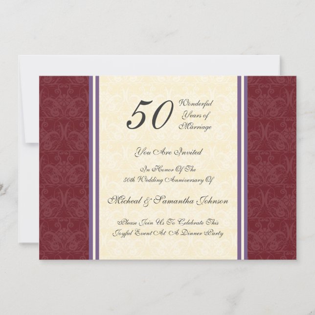 Årsdag 50-årsdag för inbjudan till Burgundy Damask (Framsida)
