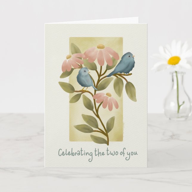 Årsdag Akvarell Blå Fåglar och Blommor  Kort (Liten växt)