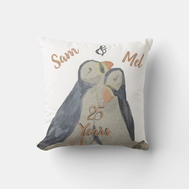 Årsdag Cute Birds Watercolor Puffins Kudde (Framsida)