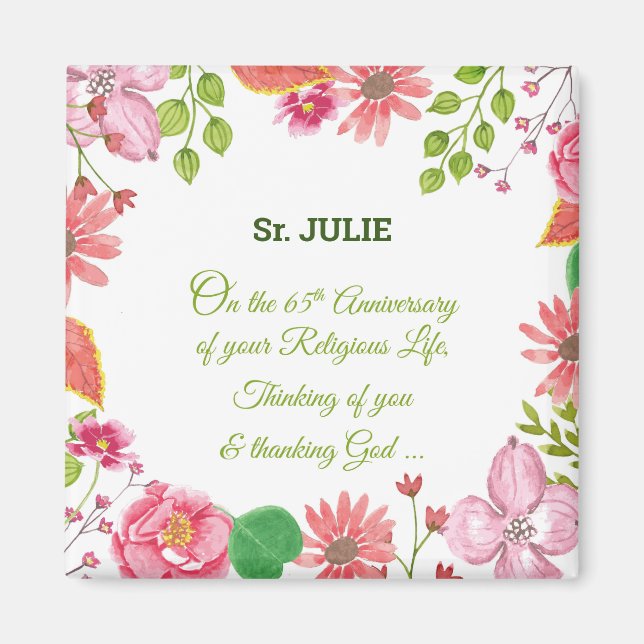 Årsdag för 65e av nun-Religiösan Vattenfärgsblommo Magnet (Framsidan)